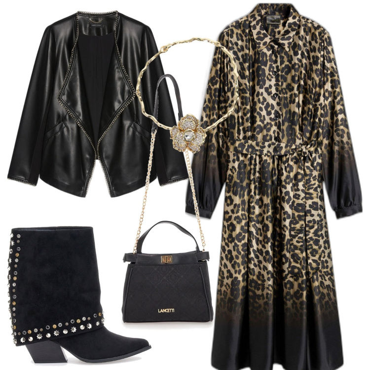 Outfit donna - Boho biker style. Stile Boho per Tutti i giorni. Abbinamento con vestiti chemisier, collane, borse a tracolla, stivaletti texani, blazer.
