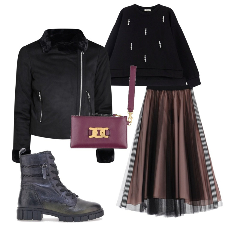Outfit donna - Boho biker. Stile Boho per Serata fuori. Abbinamento con pochette, giacche, gonne longuette, felpe, anfibi.