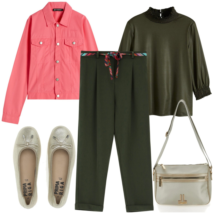 Outfit donna - Verde e corallo. Stile Casual chic per Tutti i giorni. Abbinamento con maglieria, pantaloni, blazer, ballerine, borse a tracolla.
