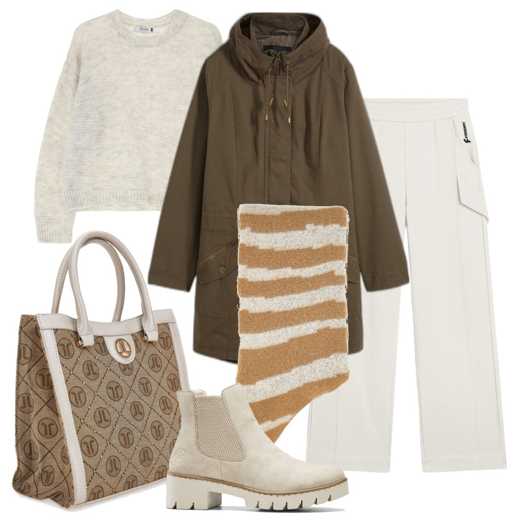 Outfit donna - Basic in città. Stile Urban per Tutti i giorni. Abbinamento con parka, stivaletti, pullovers, pantaloni, sciarpe, borse a spalla.