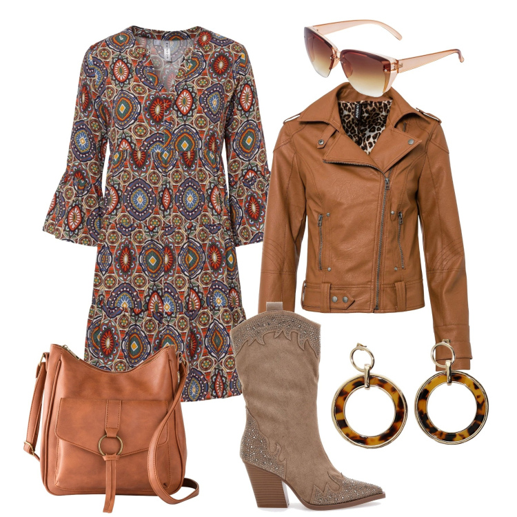 Outfit donna - Boho biker H24. Stile Boho per Tutti i giorni. Abbinamento con vestiti corti, borse a tracolla, occhiali da sole, blazer, orecchini, stivali.