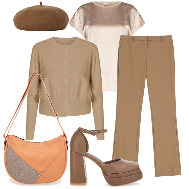 Outfit donna - Toni nude. Stile Bon Ton per Tutti i giorni. Abbinamento con cardigans, bluse, pantaloni, décolleté, cappelli e berretti, borse a tracolla.