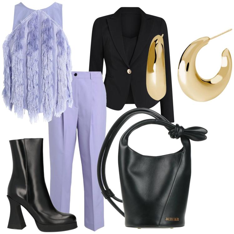 Outfit donna - Frange e stivali. Stile Glamour per Cerimonia. Abbinamento con pantaloni, top, borse a secchiello, stivaletti, orecchini, blazer.