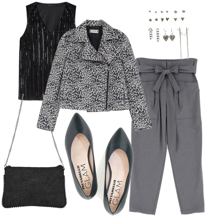 Outfit donna - Animalier in black & white. Stile Urban per Tutti i giorni. Abbinamento con orecchini, borse a tracolla, blazer, pantaloni, ballerine, top.