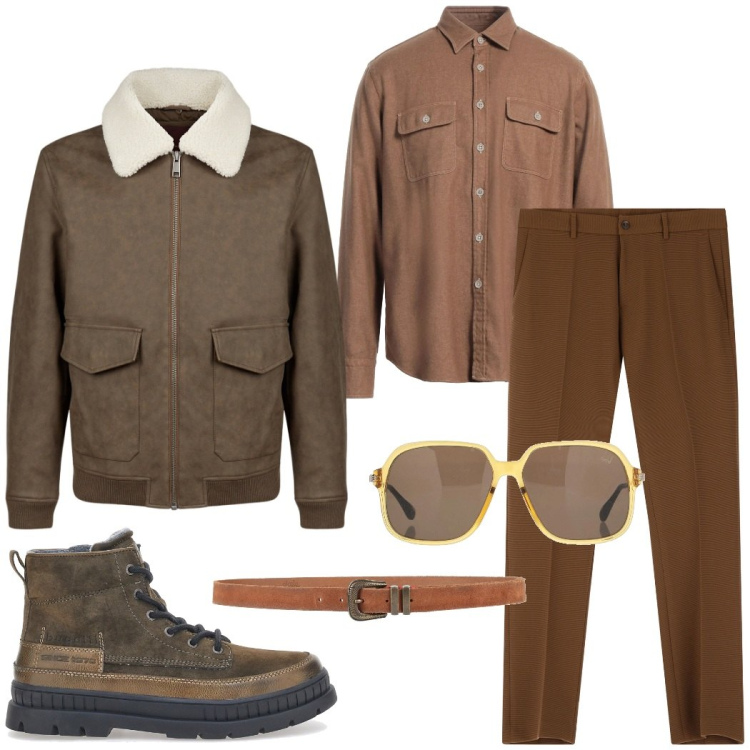 Outfit uomo - Tonalità cioccolato. Stile Urban per Tutti i giorni. Abbinamento con occhiali da sole, camicie, cinture, pantaloni, stivali e stivaletti, giacche.