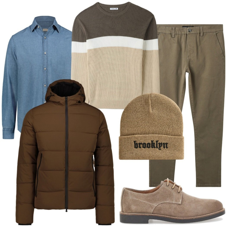 Outfit uomo - Tempo libero. Stile Casual per Tutti i giorni. Abbinamento con pantaloni chino, maglieria, berretti, scarpe stringate, piumini, camicie.