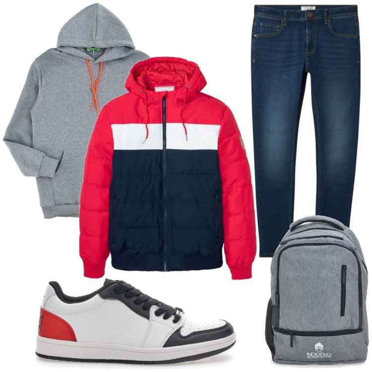 Outfit uomo - A lezione. Stile Urban per Tutti i giorni. Abbinamento con giacche, jeans skinny, felpe con cappuccio, sneakers, borse sportive.