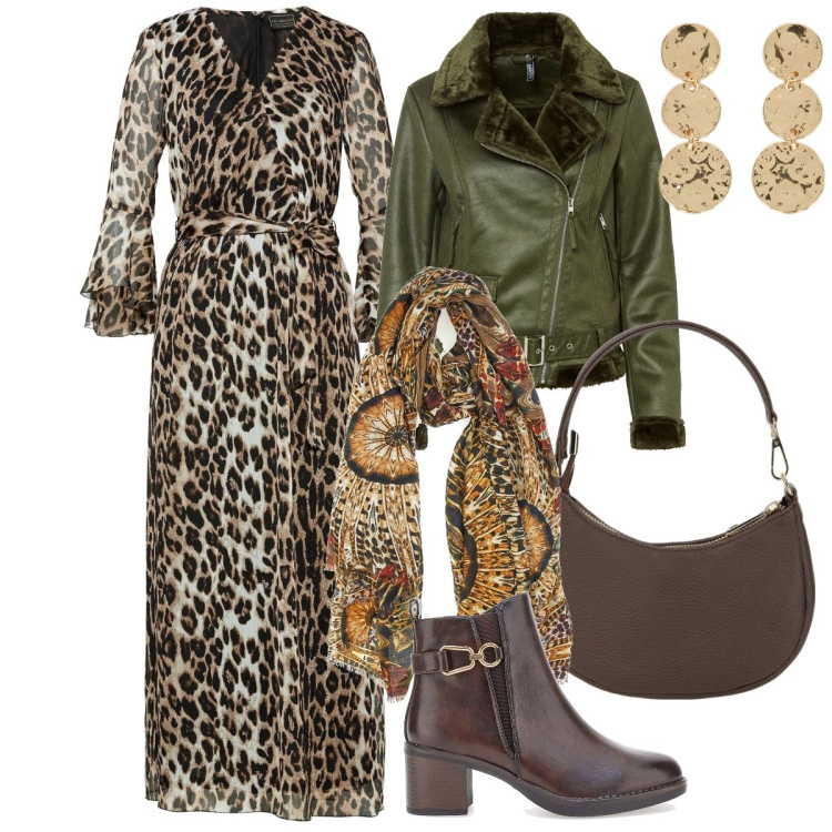 Outfit donna - Stile Boho Biker. Stile Boho per Tutti i giorni. Abbinamento con vestiti lunghi, blazer, borse a spalla, stivaletti, foulard, orecchini.