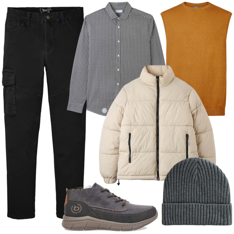 Outfit uomo - Gilet di tendenza. Stile Urban per Tutti i giorni. Abbinamento con pantaloni cargo, piumini, camicie, berretti, gilet, scarpe stringate.