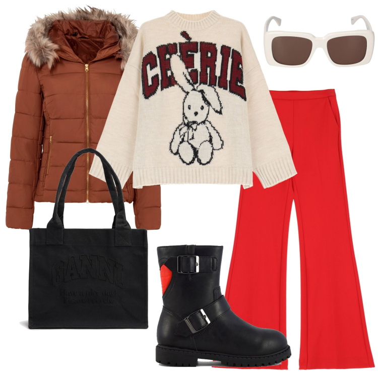 Outfit donna - Coniglietto. Stile Rock per Scuola/Università. Abbinamento con giacche, pantaloni, maglieria, occhiali da sole, shopping bag, stivaletti.