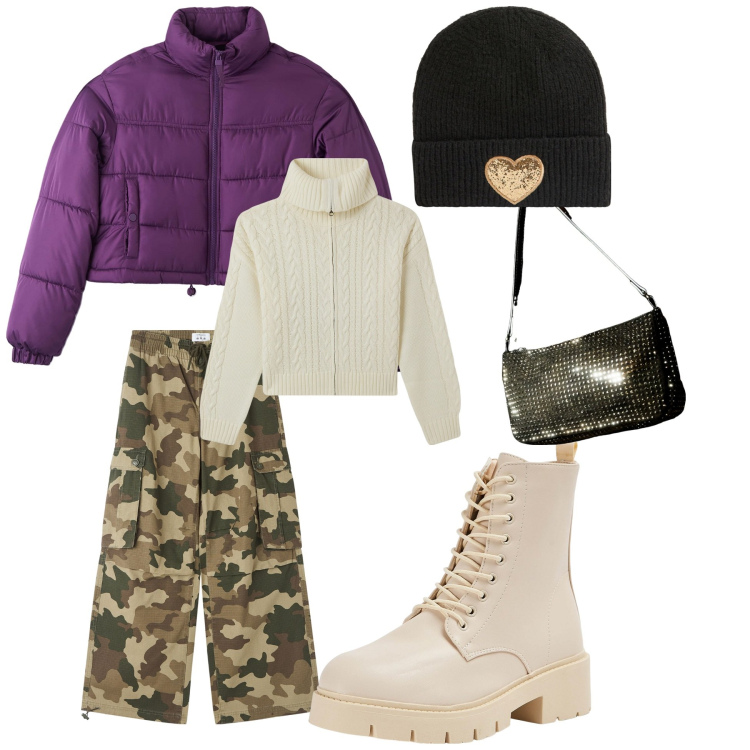 Outfit donna - Lovely streetwear. Stile Urban per Tutti i giorni. Abbinamento con berretti, piumini, anfibi, borse a spalla, pantaloni cargo, cardigans.