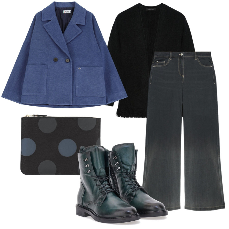 Outfit donna - Petrolio. Stile Preppy per Tutti i giorni. Abbinamento con pochette, blazer, anfibi, cardigans, jeans.