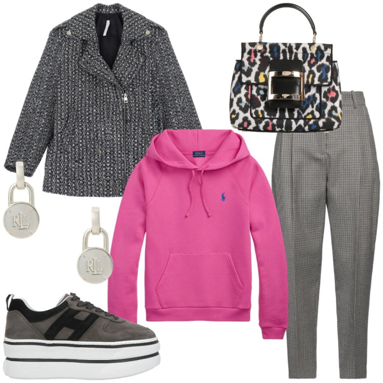 Outfit donna - Comodità e stile. Stile Urban per Tutti i giorni. Abbinamento con pantaloni, sneakers, borse a mano, blazer, orecchini, felpe con cappuccio.