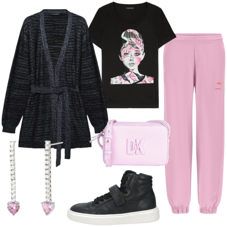 Outfit donna - Comodo con stile. Stile Sporty chic per Tutti i giorni. Abbinamento con borse a tracolla, sneakers, orecchini, pantaloni, t-shirt, cardigans.