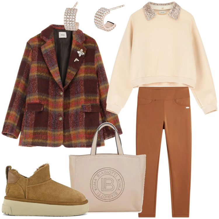 Outfit donna - Stile comodo e raffinato. Stile Urban per Tutti i giorni. Abbinamento con orecchini, leggings, felpe, blazer, stivali, borse a tracolla.