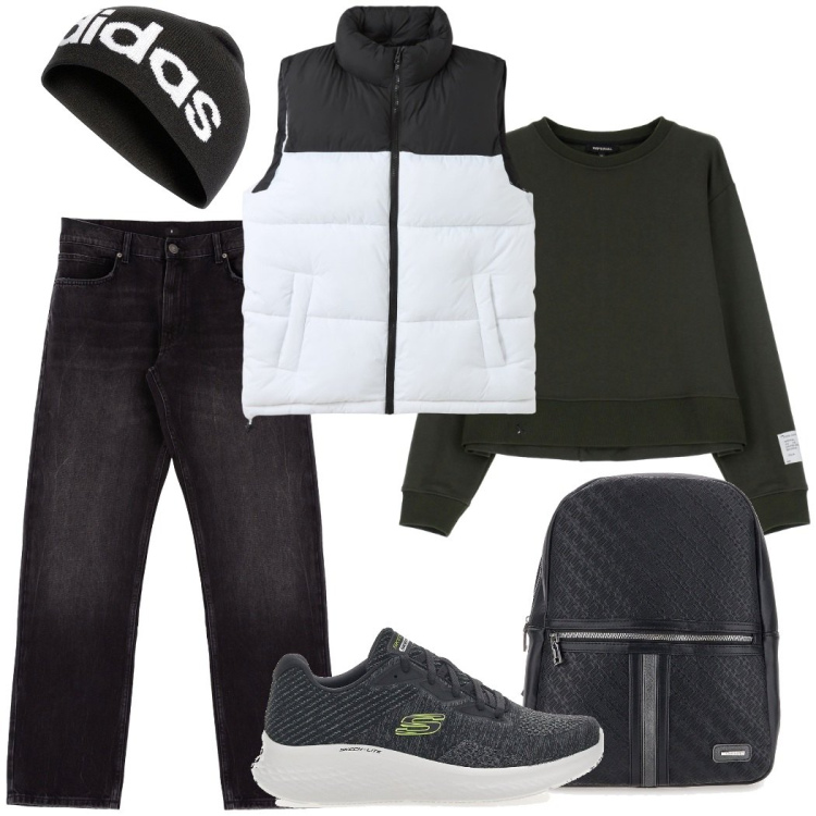 Outfit uomo - All\' università. Stile Urban per Tutti i giorni. Abbinamento con piumini, felpe, jeans dritti, borse sportive, sneakers, berretti.