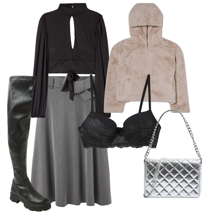 Outfit donna - Terranova - San Valentino. Stile Bon Ton per Tutti i giorni. Abbinamento con reggiseni push-up, gonne lunghe, stivali, t-shirt, blazer, borse a tracolla.