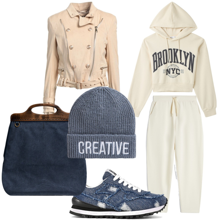 Outfit donna - Beige e blu per il lunedì. Stile Sporty chic per Tutti i giorni. Abbinamento con blazer, felpe con cappuccio, berretti, pantaloni sportivi, borse a tracolla, scarpe sportive.