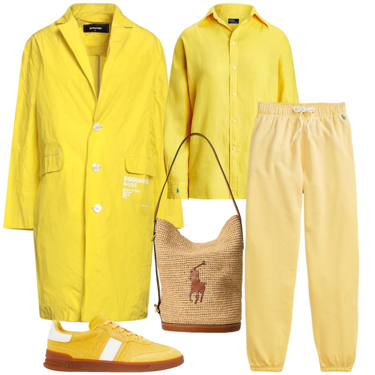 Outfit donna - Giallo come il sole. Stile Trendy per Tutti i giorni. Abbinamento con trench, sneakers, camicie, pantaloni sportivi, borse a mano.