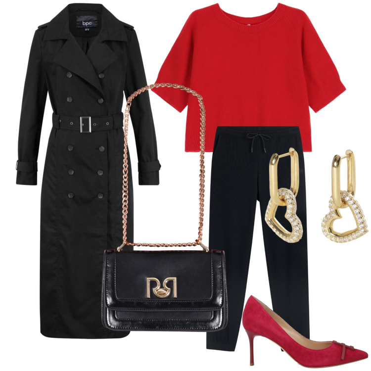 Outfit donna - Serata con l amica del cuore. Stile Glamour per Serata fuori. Abbinamento con trench, décolleté, orecchini, borse a tracolla, maglieria, pantaloni sportivi.