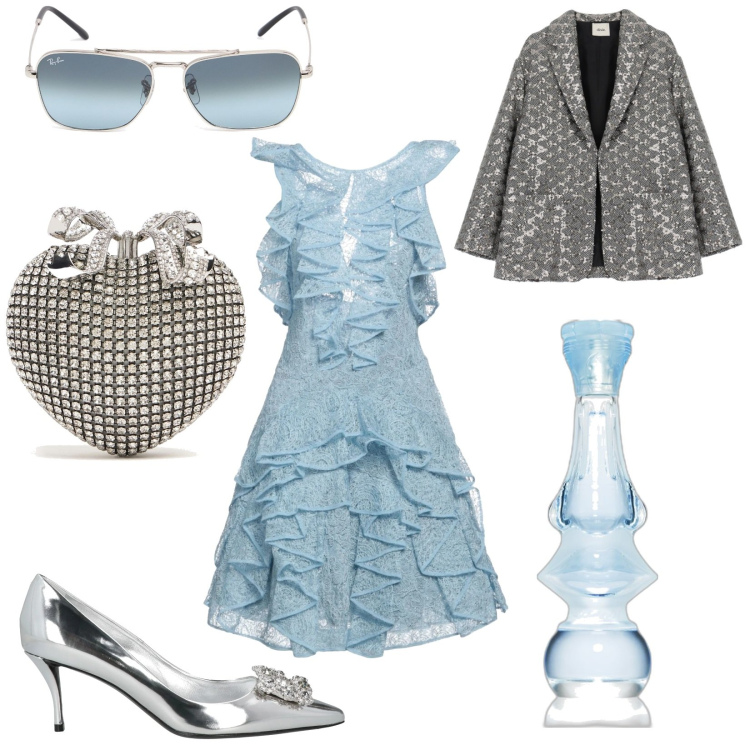 Outfit donna - Celestiale. Stile Glamour per Cerimonia. Abbinamento con décolleté, vestiti corti, profumi, blazer, occhiali da sole, pochette.