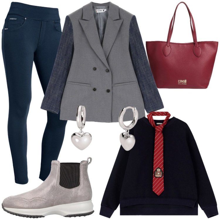 Outfit donna - Comoda con stile. Stile Mannish per Ufficio. Abbinamento con stivaletti, borse a spalla, orecchini, blazer, pantaloni skinny, felpe.