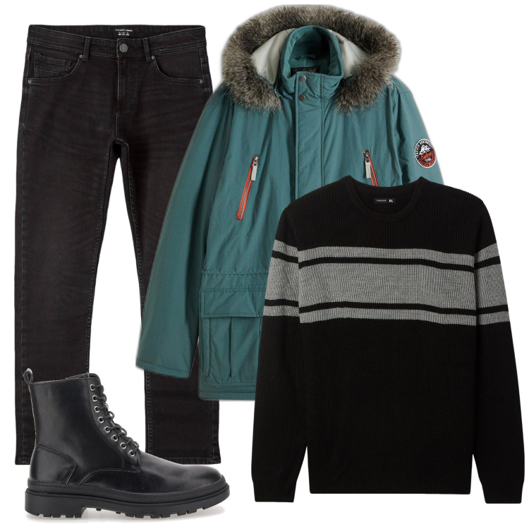 Outfit uomo - Total look #2053019. Stile Casual per Tutti i giorni. Abbinamento con parka, jeans, maglieria, anfibi.