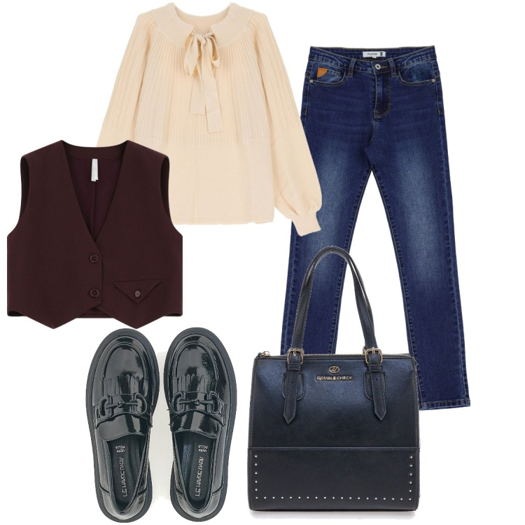 Outfit donna - Outfit n.30 febbraio. Stile Casual chic per Ufficio. Abbinamento con gilet, jeans skinny, pullovers, mocassini, borse a mano.