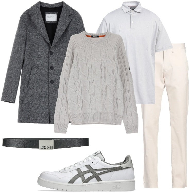 Outfit uomo - Tonalità neutre e sofisticate. Stile Casual per Tutti i giorni. Abbinamento con cinture, pantaloni chino, polo, cappotti, maglieria, sneakers.