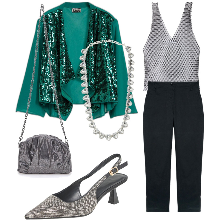 Outfit donna - Serata scintillante. Stile Glamour per Serata fuori. Abbinamento con blazer, collane, top, décolleté, pantaloni, pochette.