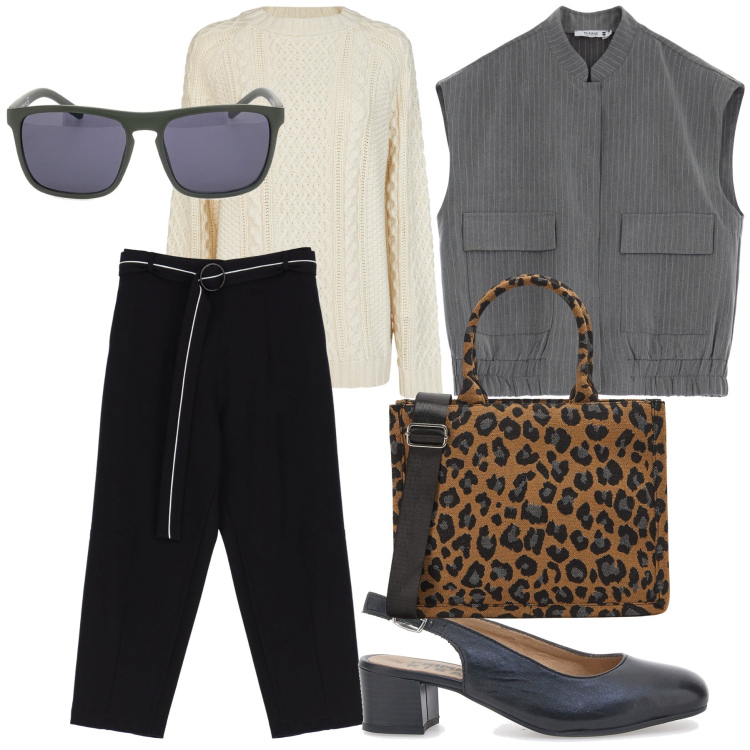 Outfit donna - Impeccabile al lavoro. Stile Mannish per Ufficio. Abbinamento con shopping bag, blazer, pantaloni, décolleté, maglieria, occhiali da sole.