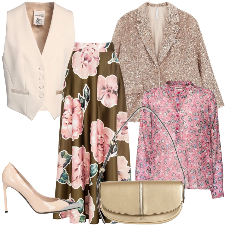 Outfit donna - La gonna in raso a rose. Stile Trendy per Ufficio. Abbinamento con décolleté, borse a mano, gilet, blazer, gonne, camicie.