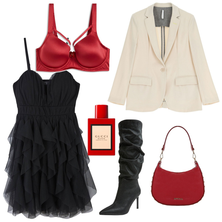 Outfit donna - Battito di cuore. Stile Casual chic per Serata fuori. Abbinamento con reggiseni, profumi, vestiti corti, stivali, borse a spalla, blazer.