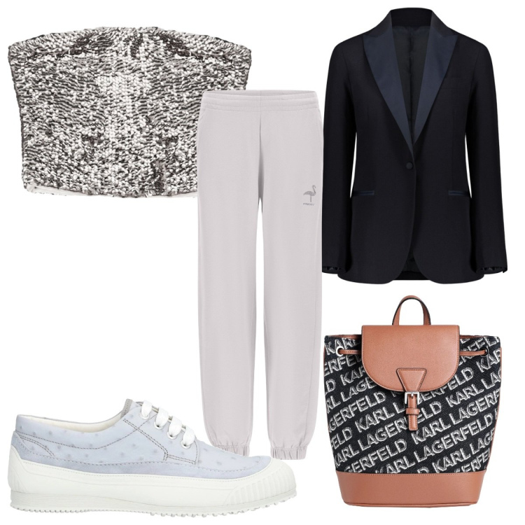 Outfit donna - Stile athleisure : top e blazer. Stile Trendy per Tutti i giorni. Abbinamento con sneakers, zaini, top, pantaloni, giacche.