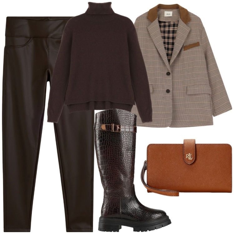 Outfit donna - Leggins in ecopelle.marrone. Stile Casual chic per Tutti i giorni. Abbinamento con stivali, maglieria, leggings, pochette, blazer.