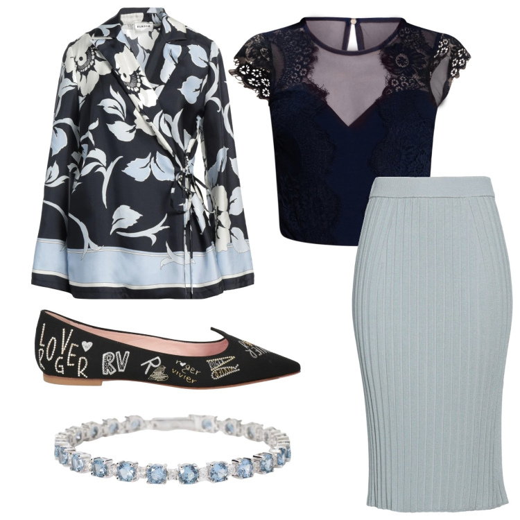 Outfit donna - Giacca floreale. Stile Casual chic per Cerimonia. Abbinamento con blazer, gonne longuette, ballerine, braccialetti, body.