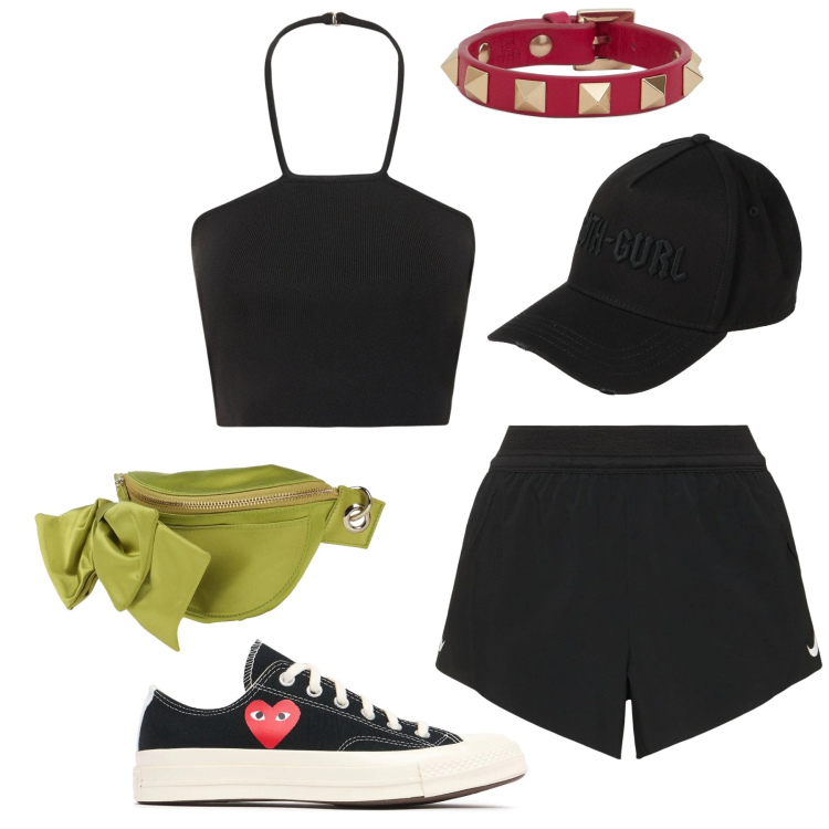 Outfit donna - Marsupio col fiocco. Stile Basic per Sport. Abbinamento con marsupi, cappelli con visiera, top, braccialetti, sneakers, shorts.