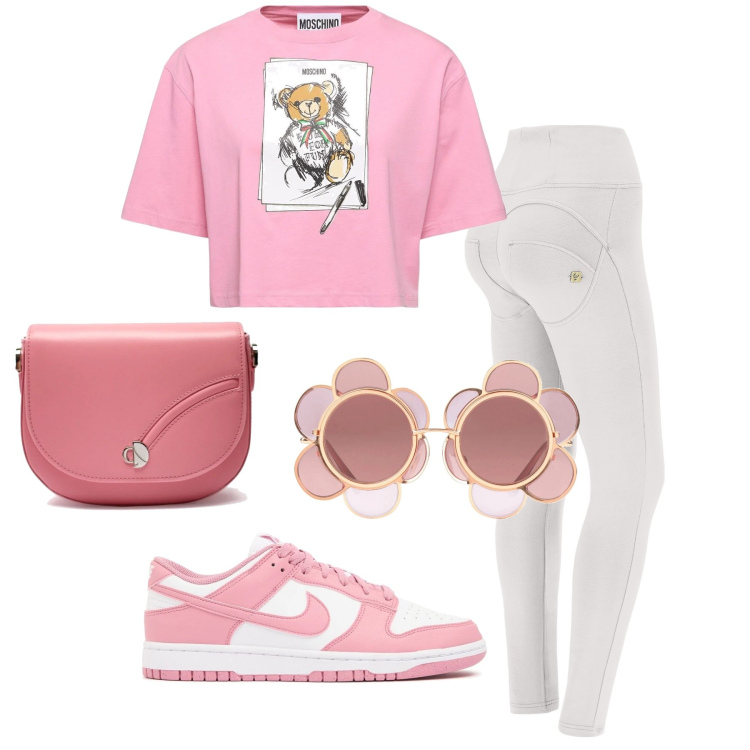 Outfit donna - Cute. Stile Romantica per Sport. Abbinamento con occhiali da sole, pantaloni skinny, t-shirt, sneakers, borse a tracolla.