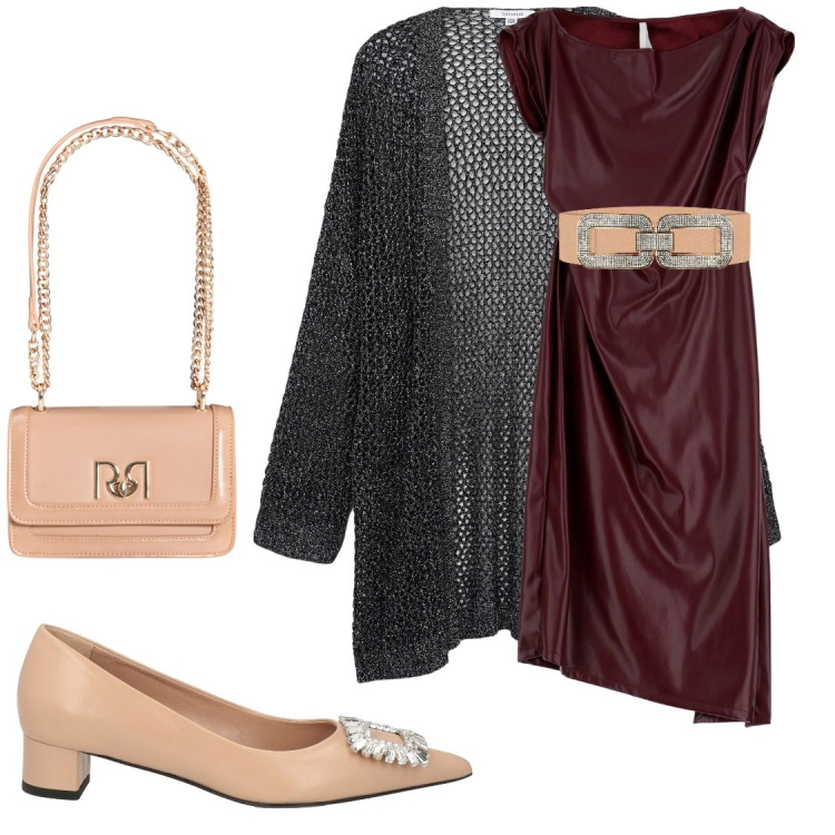 Outfit donna - Abito marrone. Stile Chic per Serata fuori. Abbinamento con décolleté, kimono, cinture, borse a tracolla, vestiti midi/longuette.