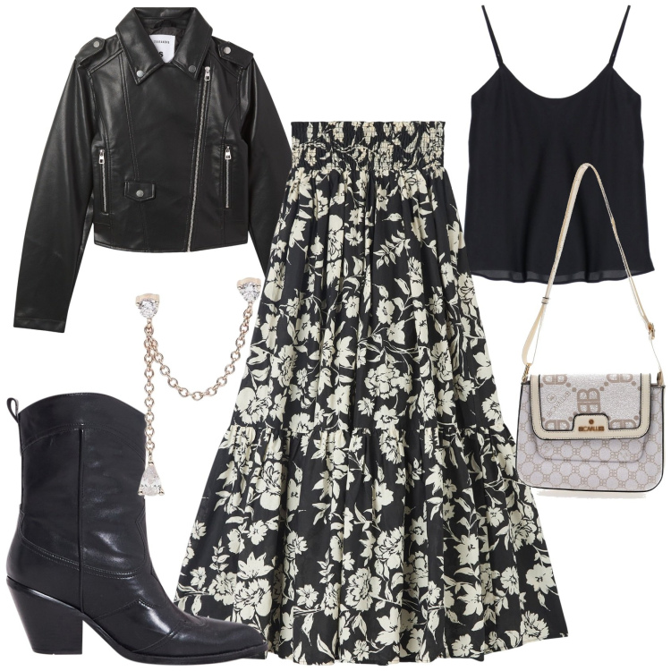 Outfit donna - Boho biker style. Stile Boho per Tutti i giorni. Abbinamento con gonne lunghe, giacche, orecchini, stivaletti texani, top, borse a tracolla.