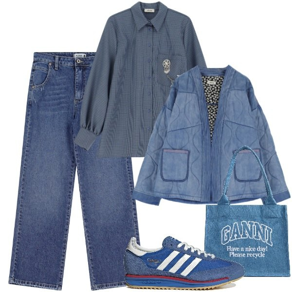 Outfit donna - Total denim. Stile Trendy per Tutti i giorni. Abbinamento con jeans, blazer, camicie, shopping bag, sneakers.