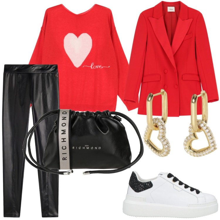 Outfit donna - Buon San Valentino. Stile Casual chic per Tutti i giorni. Abbinamento con sneakers, borse a tracolla, orecchini, maglieria, blazer, treggings.