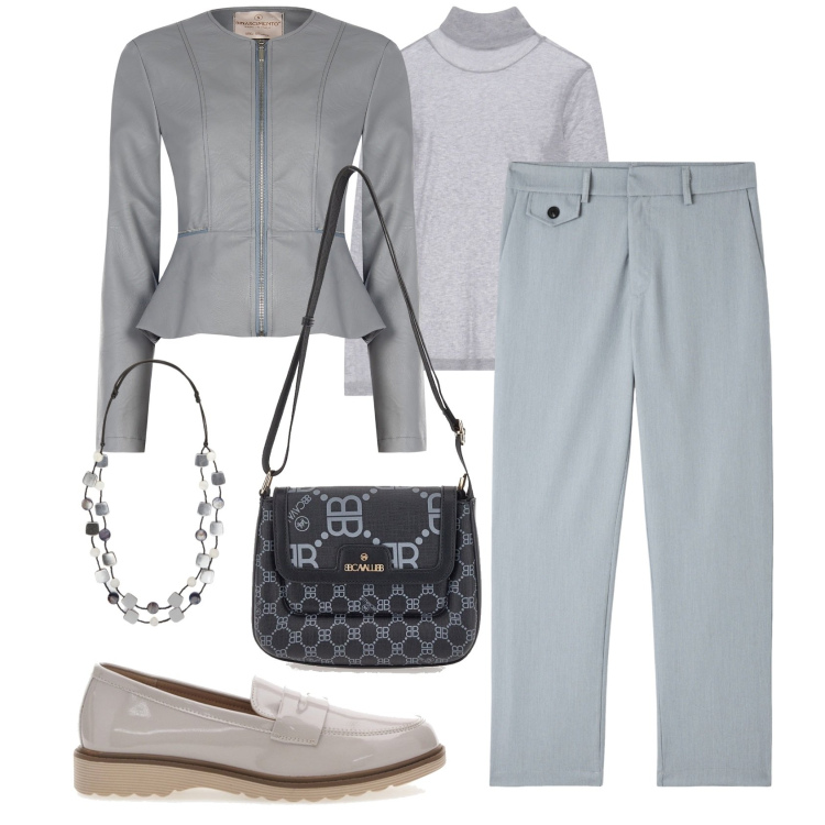 Outfit donna - Colori polverosi. Stile Casual chic per Tutti i giorni. Abbinamento con pantaloni, blazer, maglieria, mocassini, borse a tracolla, collane.