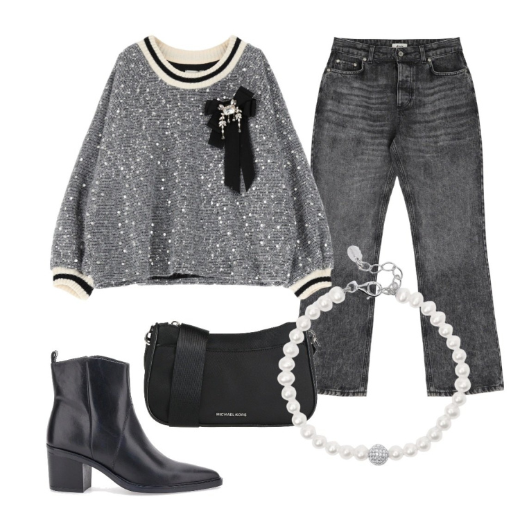 Outfit donna - City. Stile Casual per Tutti i giorni. Abbinamento con borse a tracolla, braccialetti, jeans, felpe, stivaletti.