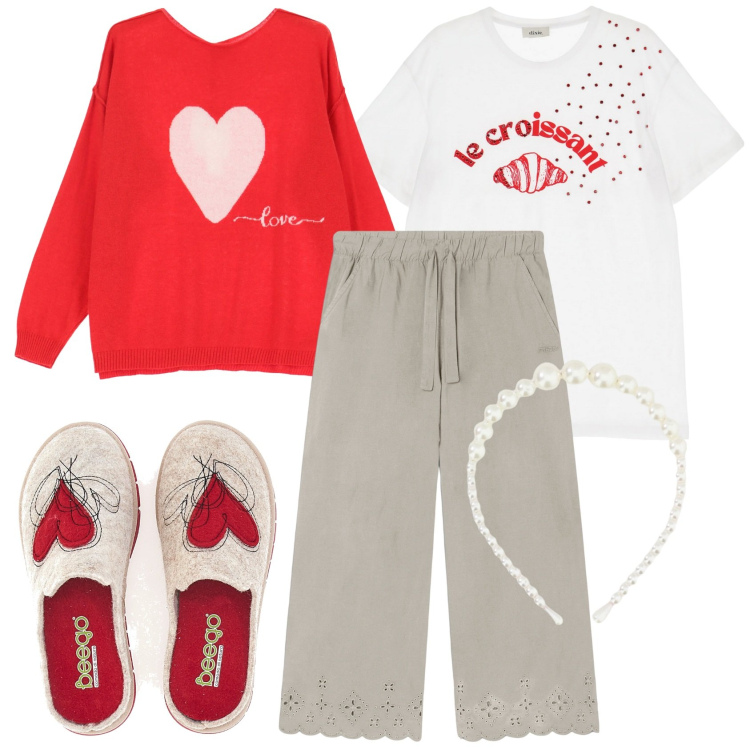 Outfit donna - Comfy at home. Stile Romantica per Tutti i giorni. Abbinamento con pantaloni, maglieria, t-shirt, cerchietti, pantofole.