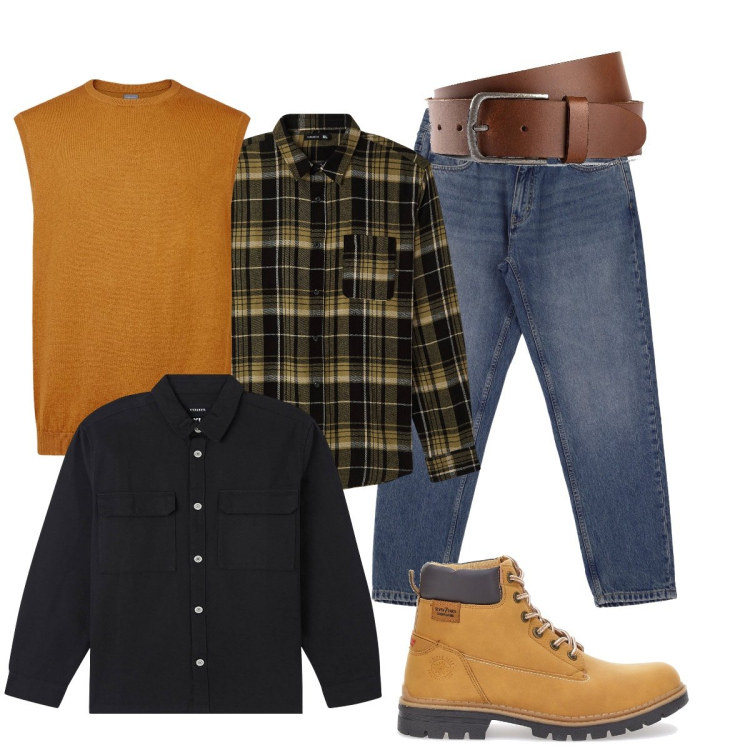 Outfit uomo - Il gilè di tendenza giallo ocra. Stile Trendy per Ufficio. Abbinamento con cinture, cappotti, camicie, jeans, gilet, stivali e stivaletti.