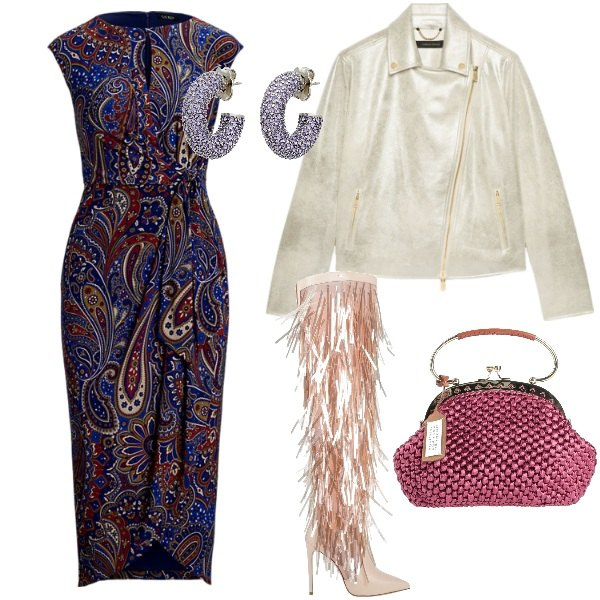 Outfit donna - Dettagli metallici per brillare. Stile Glamour per Serata fuori. Abbinamento con borse a mano, orecchini, stivali sopra il ginocchio, vestiti, blazer.
