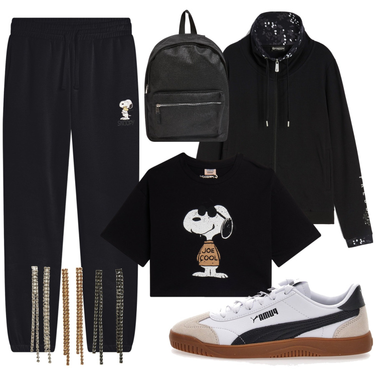 Outfit donna - Snoopy. Stile Urban per Tutti i giorni. Abbinamento con zaini, orecchini, pantaloni, t-shirt, felpe con cappuccio, sneakers.