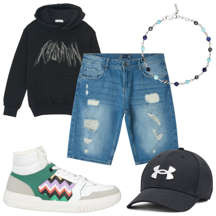 Outfit uomo - Total look #2053087. Stile Urban per Tutti i giorni. Abbinamento con sneakers alte, shorts, braccialetti, felpe con cappuccio, cappelli.