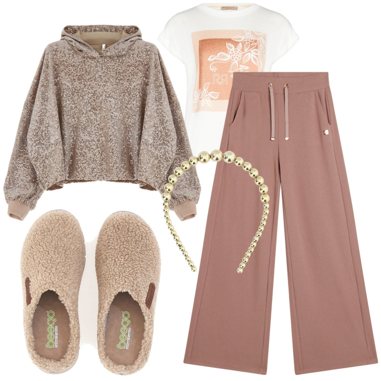 Outfit donna - Comfy at home. Stile Casual per Tutti i giorni. Abbinamento con t-shirt, felpe con cappuccio, pantaloni, cerchietti, pantofole.